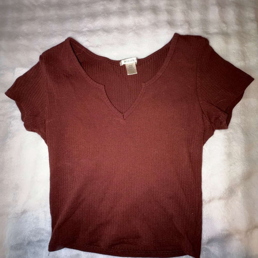 Brown V-Neck Ribbed Top